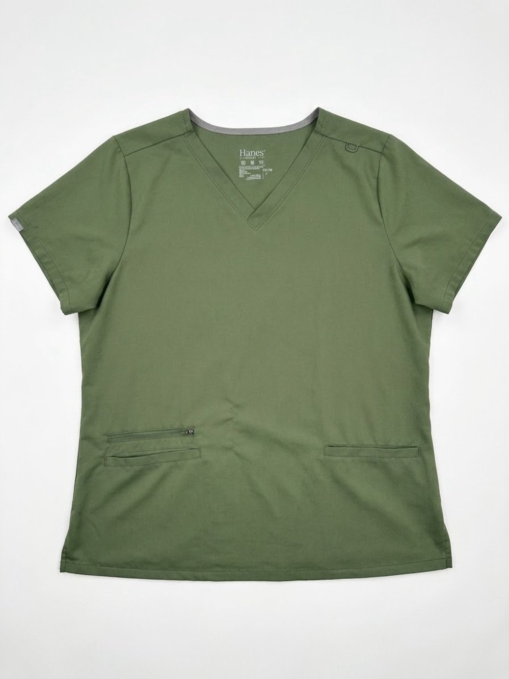 Hanes Unisex Olive Green V-Neck Scrub Top with 3 Pockets